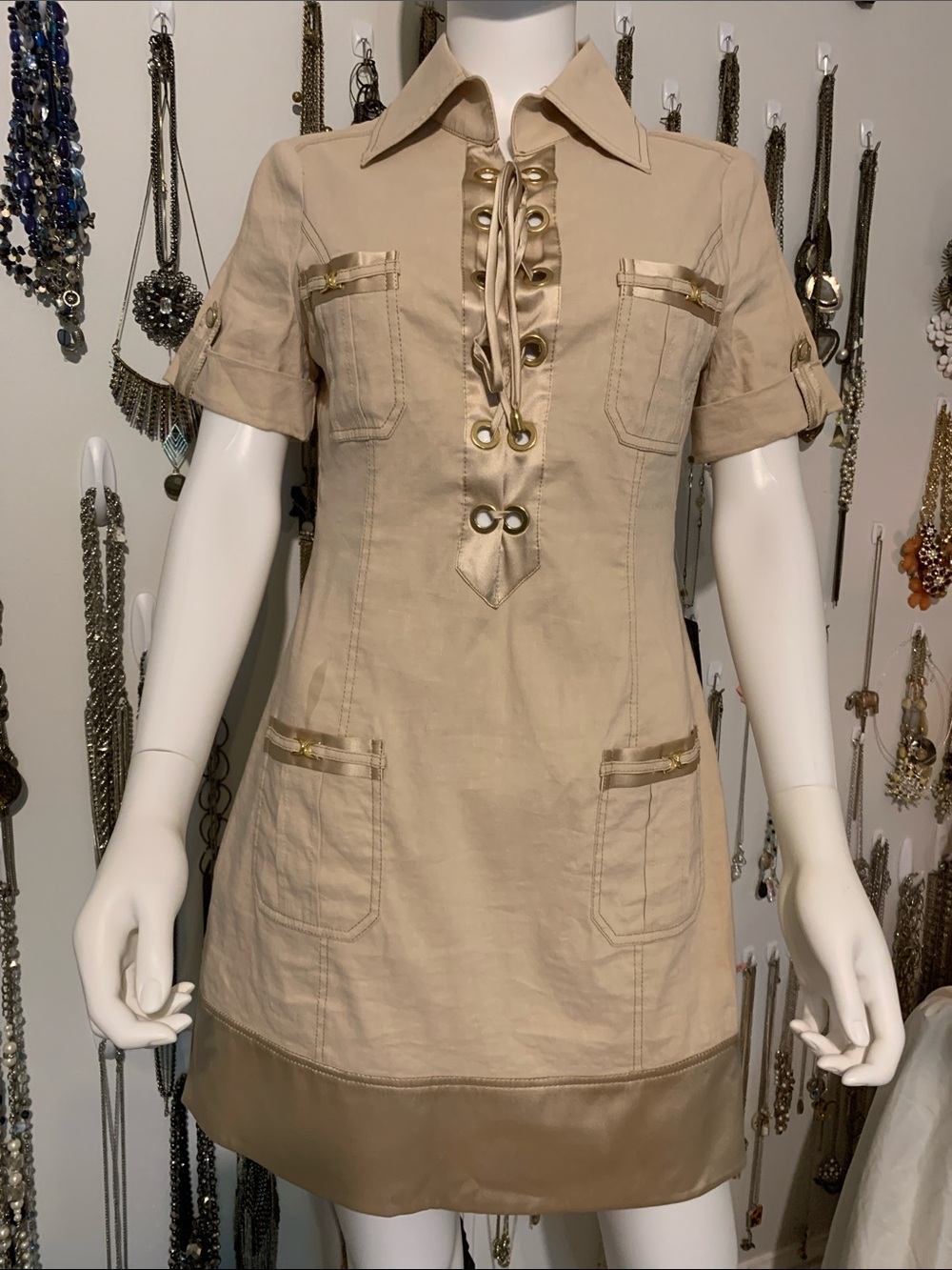 bebe Y2K Tan Safari Shift Dress with Gold Accents